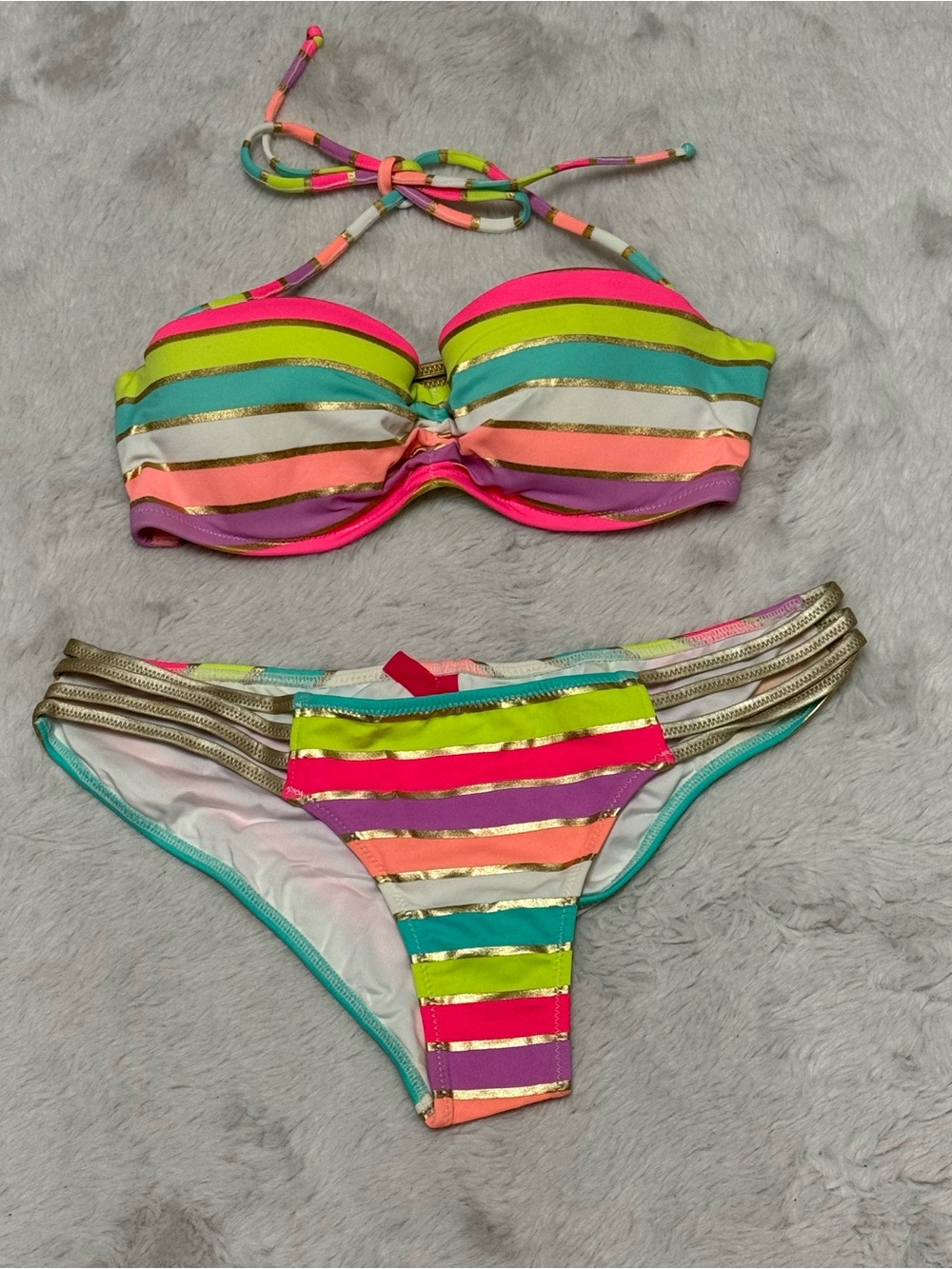 Colorful Stripe Bandeau Bikini Set - Neon Multi - Picture 1 of 6